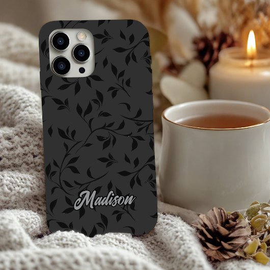 Coques Case-Mate iPhone Feuilles noires élégantes monogramme gris
