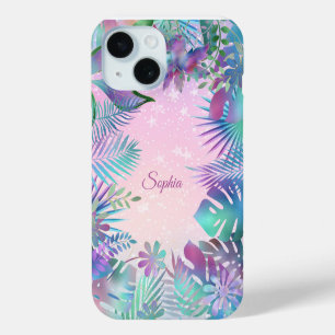 Coque Pour iPhone 15 Feuilles tropicales, ciel rose étoiles blanches, n