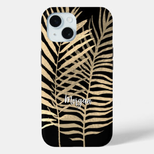 Coque Pour iPhone 15 Feuilles tropicales dorées, nom en écriture blanch