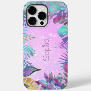Coque Pour Pour iPhone 14 Pro Max Feuilles tropicales iridescentes, nom étoiles blan