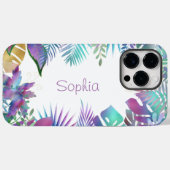Coques Case-Mate iPhone Feuilles tropicales iridescentes, nom violet, blan (Verso (horizontal))