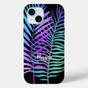 Coque Pour iPhone 15 Feuilles tropicales iridescentes sur fond noir, no