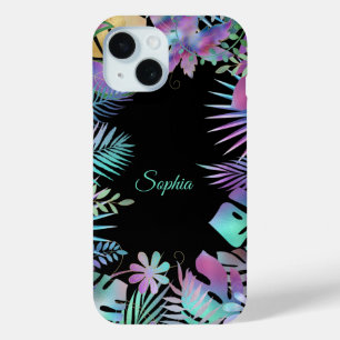Coque Pour iPhone 15 Feuilles tropicales, nom en écriture sarcelle sur