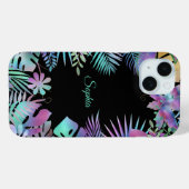 Coques Case-Mate iPhone Feuilles tropicales, nom en écriture sarcelle sur (Verso (horizontal))