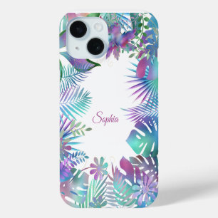 Coque Pour iPhone 15 Feuilles tropicales, nom en script sur fond blanc