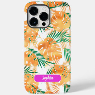 Coque Pour Pour iPhone 14 Pro Max Feuilles tropicales orange et vert, nom en écritur