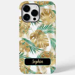 Coque Pour Pour iPhone 14 Pro Max Feuilles tropicales vert et or, nom en or, blanc