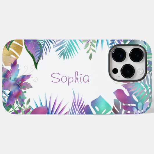 Coques Case-Mate iPhone Feuilles tropicaux Iridescendant, Nom pourpre, Bla (Verso (horizontal))