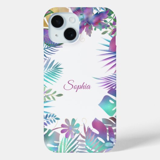 Coques Case-Mate iPhone Feuilles tropicaux, Nom de script en blanc (Verso)