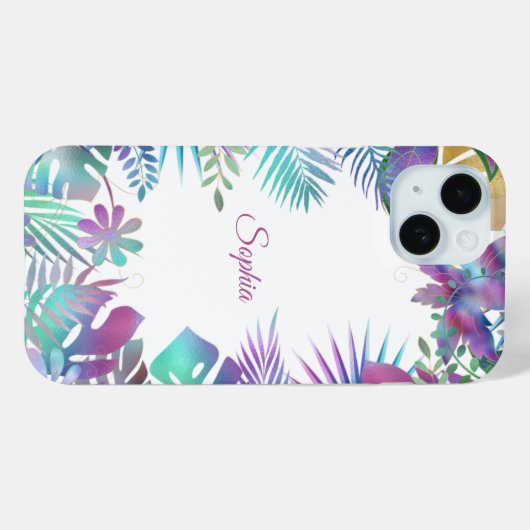 Coques Case-Mate iPhone Feuilles tropicaux, Nom de script en blanc (Verso (horizontal))