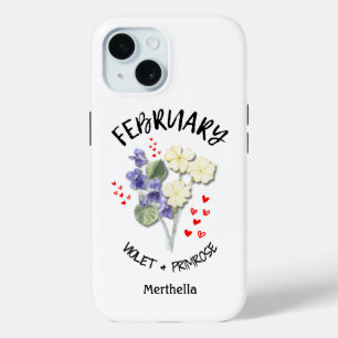 Coque Pour iPhone 15 FÉVRIER Mois de naissance Fleur Nom personnalisé