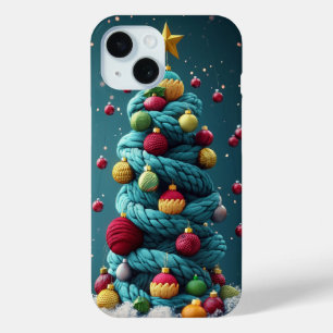 Coque Pour iPhone 15 Fil à tricoter festif Sapin de Noël Vert Rouge