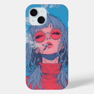 Coque Pour iPhone 15 fille anime bleu et rouge illustration fumée