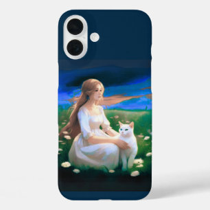 Coques iPhone 16 Plus Fille avec un chat dans une prairie au crépuscule