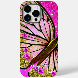 Coque Pour Pour iPhone 14 Pro Max Fille branchée Papillon rose et or Nom personnalis