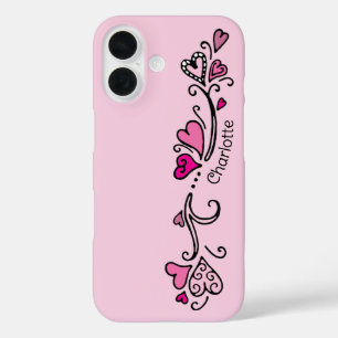 Coques iPhone 16 Fille Coeurs roses chauds avec nom Coque-Mate iPh