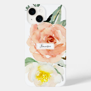 Coque Pour iPhone 14 Fille Florale Aquarelle Corail Fleurs Monogramme
