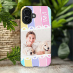Coques iPhone 16 Fille moderne Stripe Coeur Photo Nom personnalisé<br><div class="desc">Modern Girly Stripe Heart Photo Nom personnalisé iPhone 16 Coques dispose d'un motif rayé coloré en rose, violet, vert et jaune avec votre photo préférée accentuée de coeurs d'amour mignons et personnalisée avec votre nom dans élégante typographie de script de calligraphie. Personnalisez en modifiant le texte dans les zones de...</div>