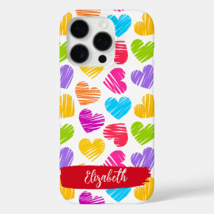Coques iPhone 16 Pro Fille moderne Vibrant Doodled Hearts Nom du Motif