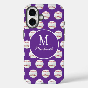Coques iPhone 16 Fille Monogramme Nom Motif de baseball violet