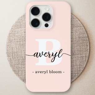 Coque iPhone 15 Pro Fille Monogramme rose pâle Script Nom monogramme