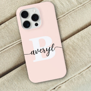 Coque iPhone 15 Pro Fille Monogramme rose pâle Script Nom monogramme