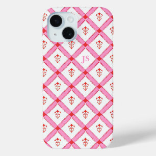 Coque Pour iPhone 15 Fille Motif rose et rouge avec initiales
