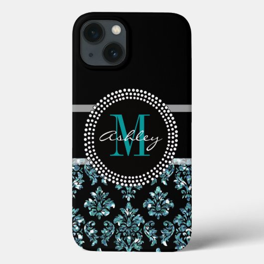 Coques Case-Mate iPhone Fille Parties scintillant Bleu Noir Damas Personna (Verso)