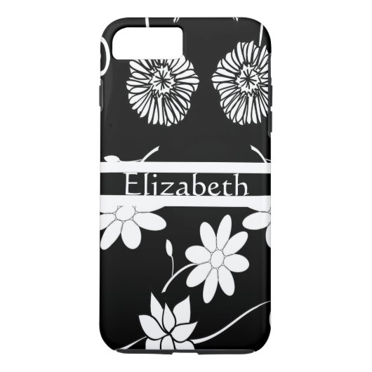 Coques Case-Mate iPhone Fille personnalisée Floral noir & blanc avec nom (Dos)