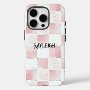 Coques iPhone 16 Pro Fille Rose Blanc Chic Carrés