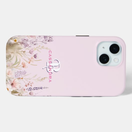 Coques Case-Mate iPhone Fille Rose Fleurs sauvages Nom Monogramme (Verso (horizontal))