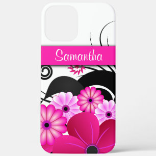 Coque iPhone 12 Pro Max Fille rose Fouchsia Fleurs d'Hibiscus Floral