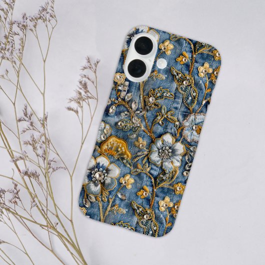 Coques Case-Mate iPhone Fille Rustique Blanc Floral Brodé Bleu Denim