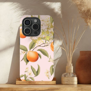 Coque Pour iPhone 15 Fille Trellis aux fruits roses, orange et or d'abr
