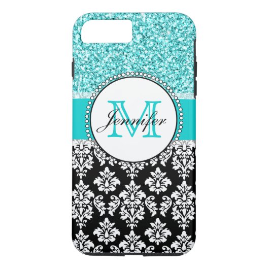 Coques Case-Mate iPhone Fille, Turquoise, Parties scintillant, Damas noirs (Dos)
