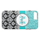Coques Case-Mate iPhone Fille, Turquoise, Parties scintillant, Damas noirs (Dos (Horizontal))