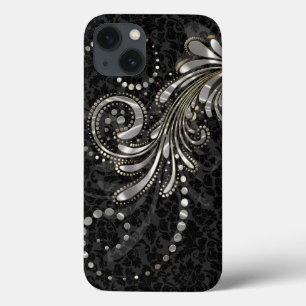 iPhone 13 Case Flacon Floral Gris D'Argent Métallique Sur Damas N