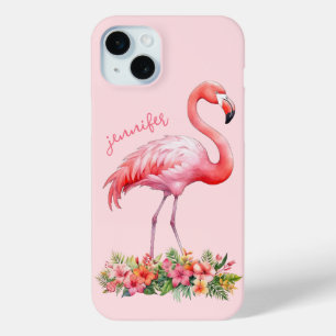 Coque iPhone 15 Mini Flamant rose avec fleurs tropicales