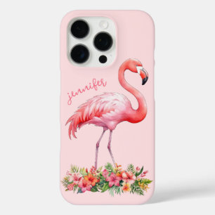 Coques iPhone 16 Pro Flamant rose avec fleurs tropicales