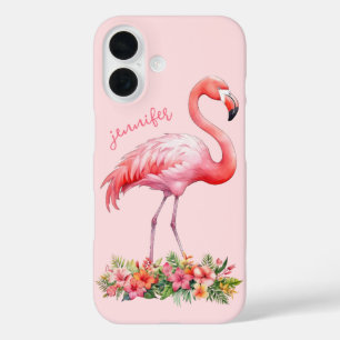 Coques iPhone 16 Flamant rose avec fleurs tropicales