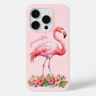 Coque iPhone 15 Pro Flamant rose avec fleurs tropicales