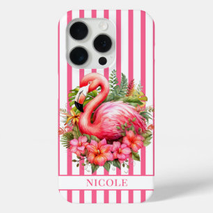 Coque iPhone 15 Pro Flamant rose avec fleurs tropicales sur rayures
