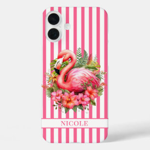 Coques iPhone 16 Plus Flamant rose avec fleurs tropicales sur rayures
