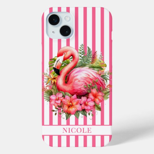 Coques Case-Mate iPhone Flamant rose avec fleurs tropicales sur rayures (Verso)