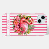 Coques Case-Mate iPhone Flamant rose avec fleurs tropicales sur rayures (Verso (horizontal))