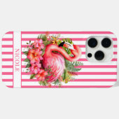Coques Case-Mate iPhone Flamant rose avec fleurs tropicales sur rayures (Verso (horizontal))