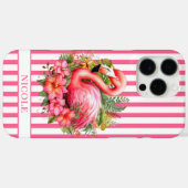 Coques Case-Mate iPhone Flamant rose avec fleurs tropicales sur rayures (Verso (horizontal))