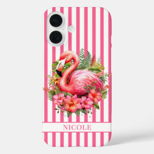 Coques iPhone 16 Flamant rose avec fleurs tropicales sur rayures