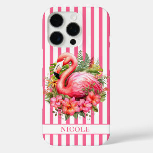 Coques iPhone 16 Pro Flamant rose avec fleurs tropicales sur rayures