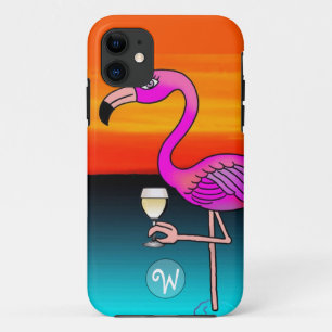 Coque Case-Mate Pour iPhone Flamant rose buvant du vin monogrammé